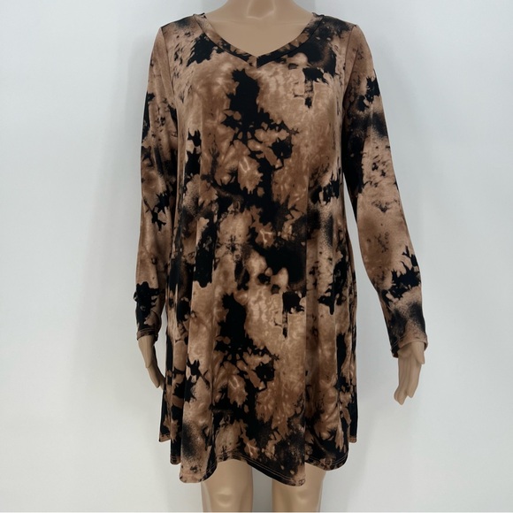 Sew In Love T-Shirt Dress Womens Black and Brown Bleach Dyed Long Sleeve V-Neck - Picture 7 of 9
